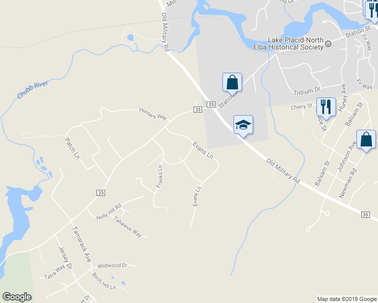 map of restaurants, bars, coffee shops, grocery stores, and more near 51 Split Rock Road in Lake Placid