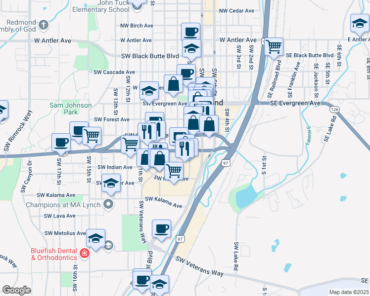 map of restaurants, bars, coffee shops, grocery stores, and more near 722 Southwest Highland Avenue in Redmond