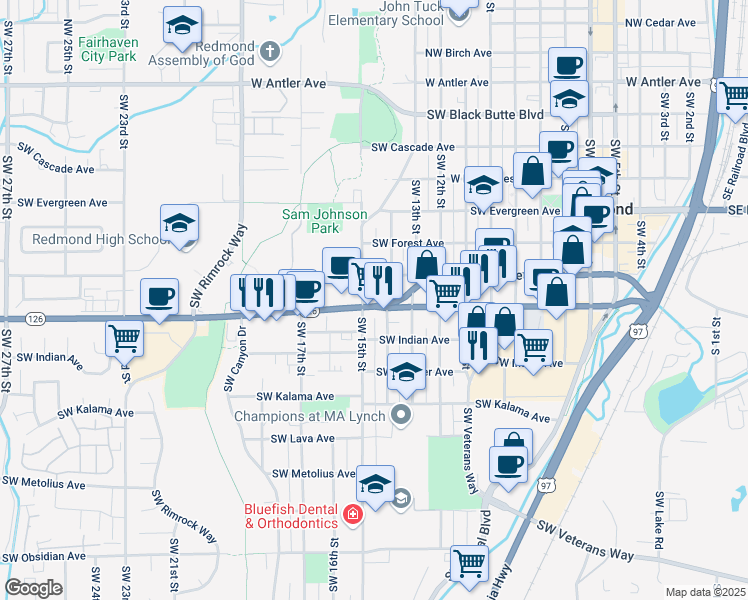 map of restaurants, bars, coffee shops, grocery stores, and more near 1401 Southwest Highland Avenue in Redmond