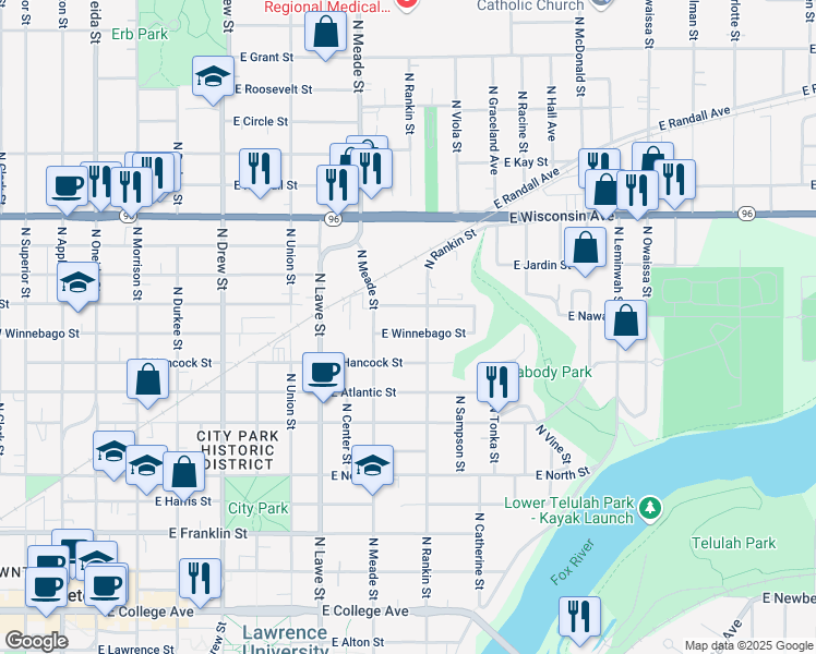 map of restaurants, bars, coffee shops, grocery stores, and more near 835 East Winnebago Street in Appleton