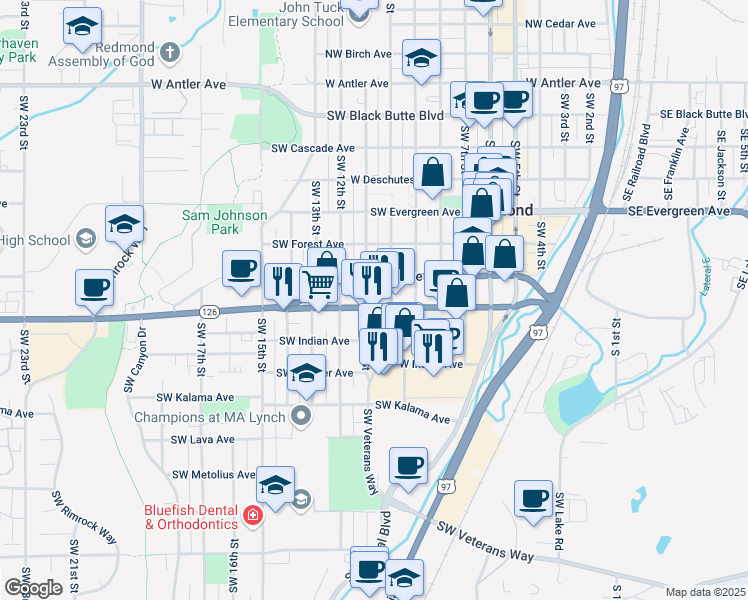 map of restaurants, bars, coffee shops, grocery stores, and more near 810 Southwest 11th Street in Redmond