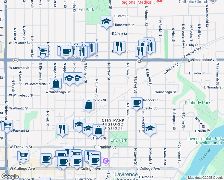 map of restaurants, bars, coffee shops, grocery stores, and more near 500 East Winnebago Street in Appleton
