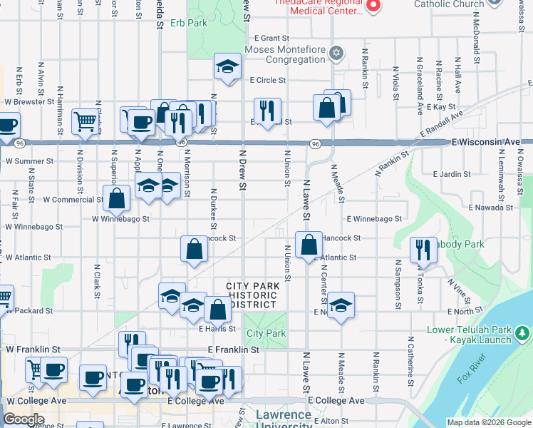 map of restaurants, bars, coffee shops, grocery stores, and more near 500 East Winnebago Street in Appleton