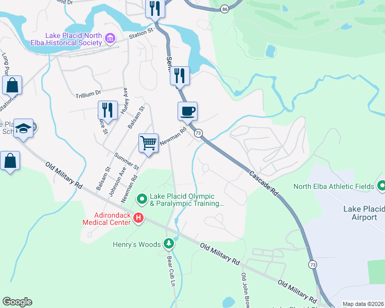 map of restaurants, bars, coffee shops, grocery stores, and more near 20 Planty Way in Lake Placid