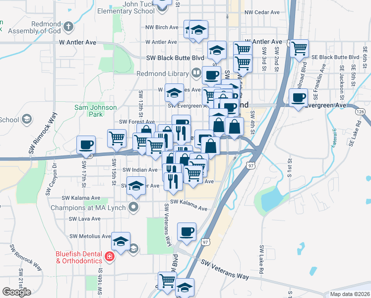 map of restaurants, bars, coffee shops, grocery stores, and more near 946 Southeast Veterans Way in Redmond