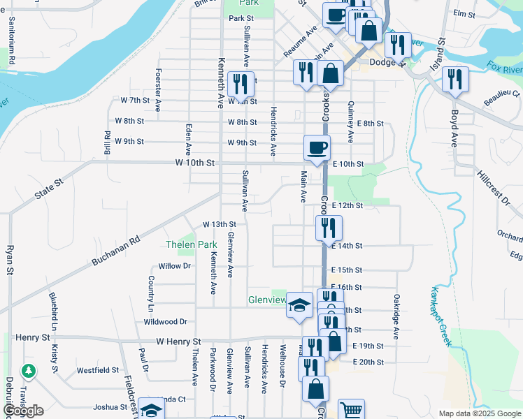 map of restaurants, bars, coffee shops, grocery stores, and more near 1220 Sullivan Avenue in Kaukauna