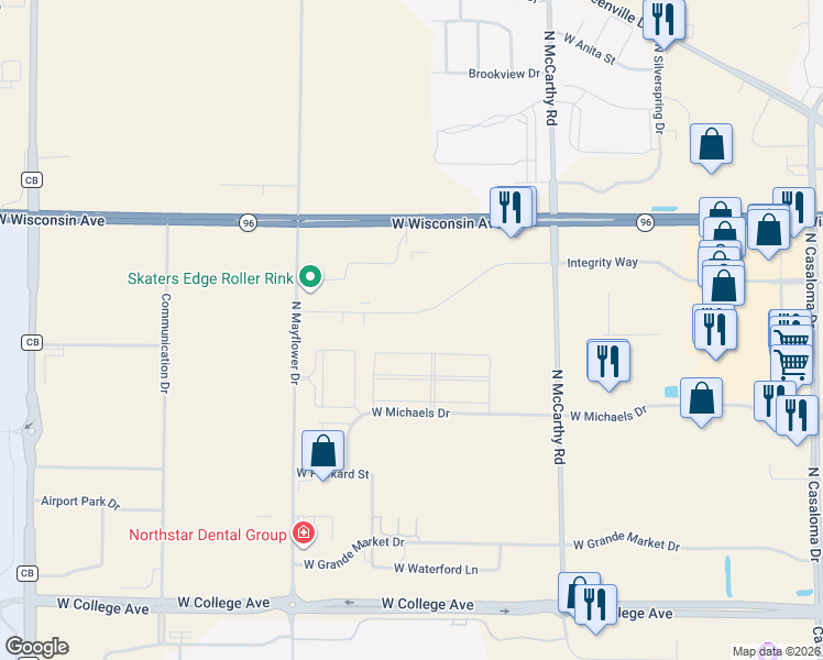 map of restaurants, bars, coffee shops, grocery stores, and more near 5523 Integrity Way in Appleton