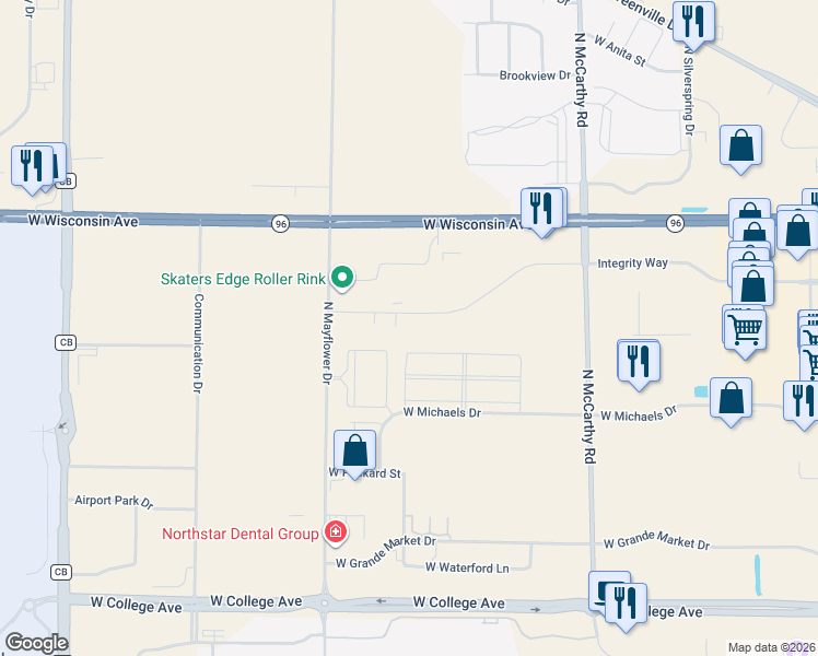 map of restaurants, bars, coffee shops, grocery stores, and more near 5523 Integrity Way in Appleton