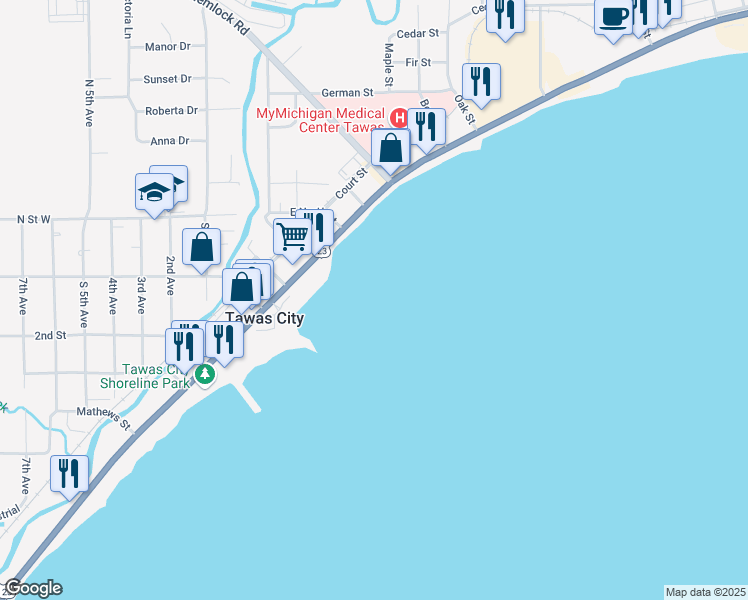 map of restaurants, bars, coffee shops, grocery stores, and more near in Tawas City