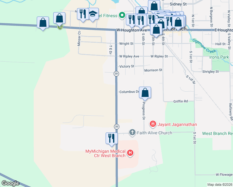 map of restaurants, bars, coffee shops, grocery stores, and more near 417 Court Street in West Branch