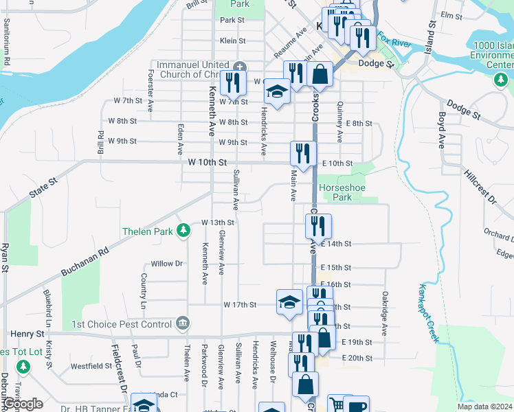 map of restaurants, bars, coffee shops, grocery stores, and more near 1220 Sullivan Avenue in Kaukauna
