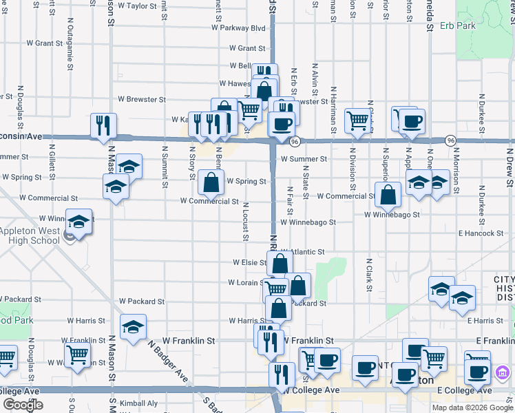 map of restaurants, bars, coffee shops, grocery stores, and more near 815 North Richmond Street in Appleton