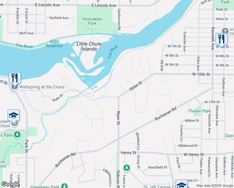 map of restaurants, bars, coffee shops, grocery stores, and more near 634 State Street in Combined Locks