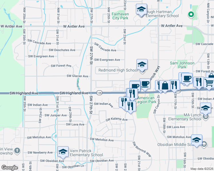 map of restaurants, bars, coffee shops, grocery stores, and more near 2507 Southwest Glacier Place in Redmond