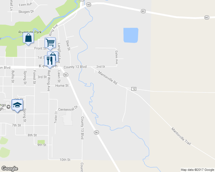 map of restaurants, bars, coffee shops, grocery stores, and more near 1221 Mantorville Road in Kenyon