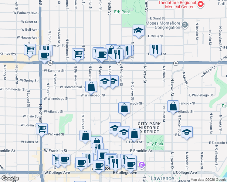map of restaurants, bars, coffee shops, grocery stores, and more near 115 East Winnebago Street in Appleton