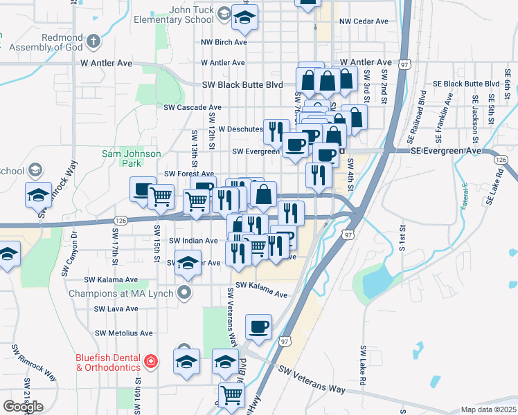 map of restaurants, bars, coffee shops, grocery stores, and more near 946 Southeast Veterans Way in Redmond