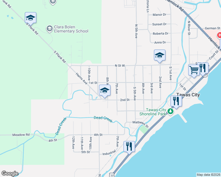 map of restaurants, bars, coffee shops, grocery stores, and more near 217 8th Avenue in Tawas City