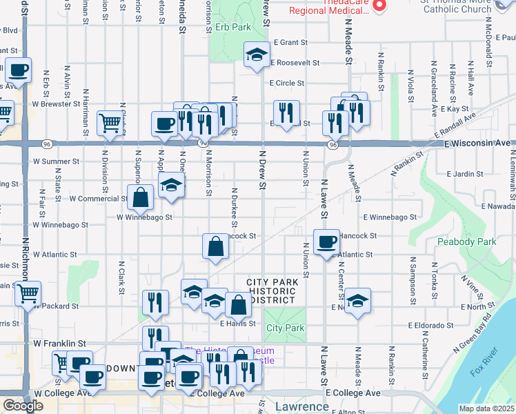map of restaurants, bars, coffee shops, grocery stores, and more near 821 North Drew Street in Appleton