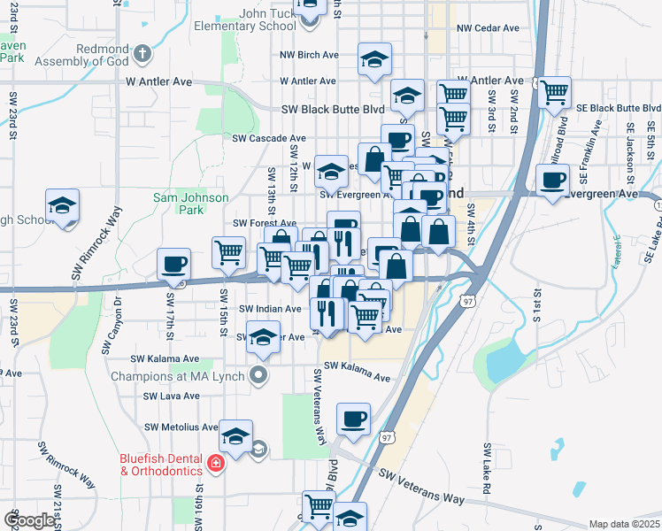 map of restaurants, bars, coffee shops, grocery stores, and more near 810 Southwest 11th Street in Redmond