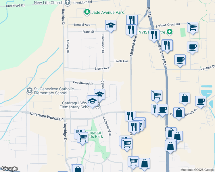 map of restaurants, bars, coffee shops, grocery stores, and more near 1344 Brackenwood Crescent in Kingston