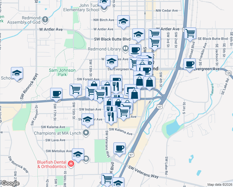 map of restaurants, bars, coffee shops, grocery stores, and more near 946 Southeast Veterans Way in Redmond