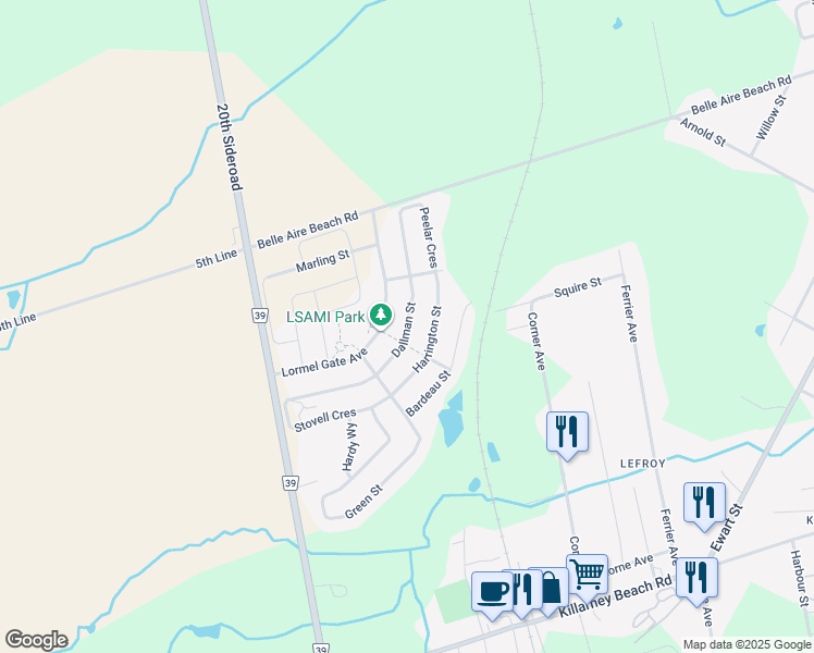 map of restaurants, bars, coffee shops, grocery stores, and more near Dallman Street in Innisfil