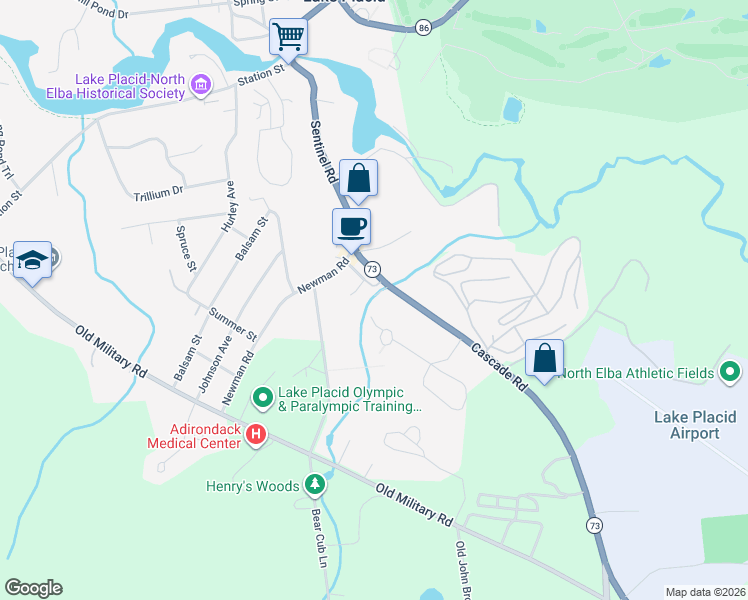 map of restaurants, bars, coffee shops, grocery stores, and more near 20 Planty Way in Lake Placid