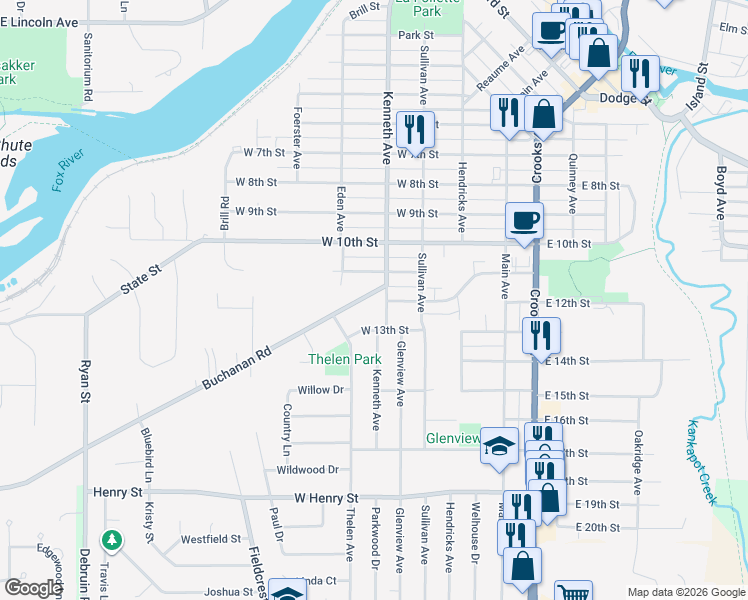 map of restaurants, bars, coffee shops, grocery stores, and more near 412 West 13th Street in Kaukauna
