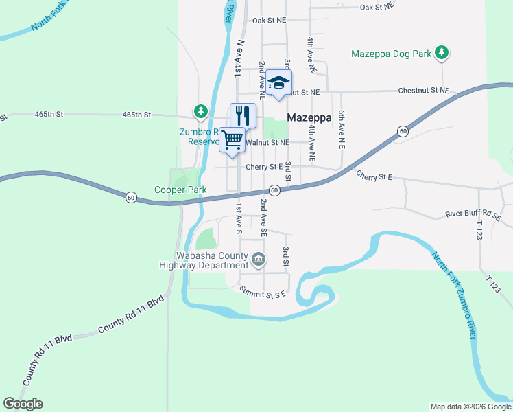 map of restaurants, bars, coffee shops, grocery stores, and more near 163 Cedar Street Southeast in Mazeppa