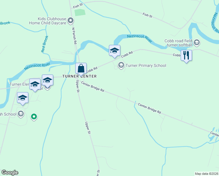 map of restaurants, bars, coffee shops, grocery stores, and more near 47 Center Bridge Road in Turner