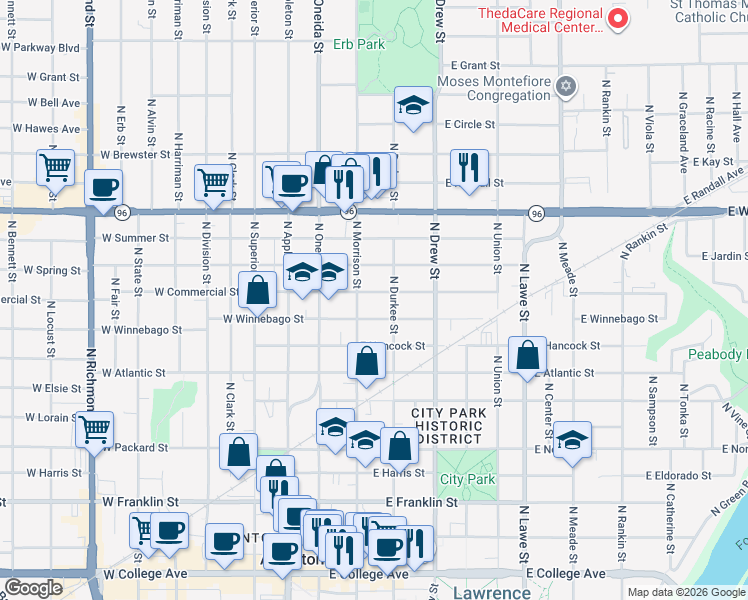 map of restaurants, bars, coffee shops, grocery stores, and more near 820 North Morrison Street in Appleton