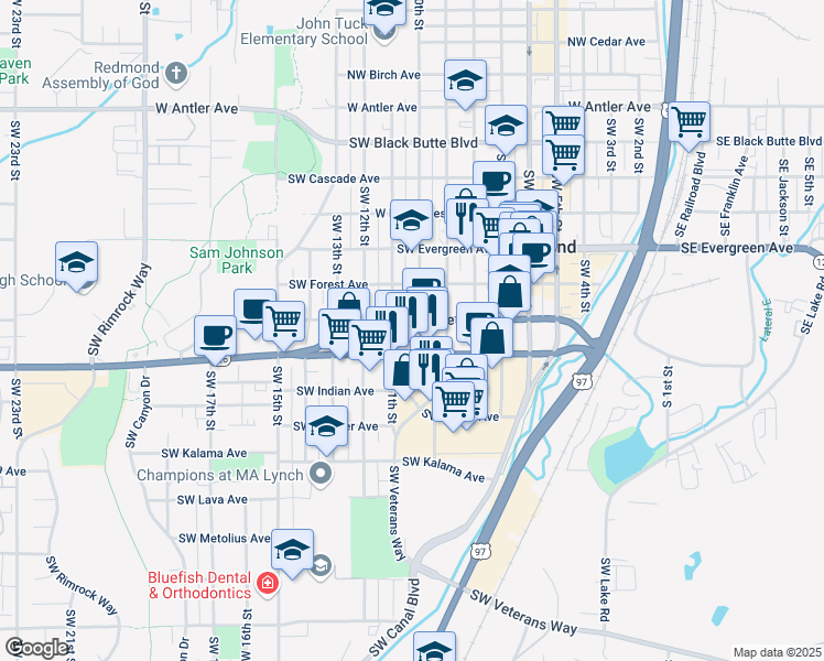 map of restaurants, bars, coffee shops, grocery stores, and more near 635 Southwest 10th Street in Redmond