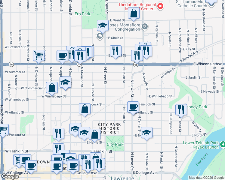 map of restaurants, bars, coffee shops, grocery stores, and more near 420 East Winnebago Street in Appleton