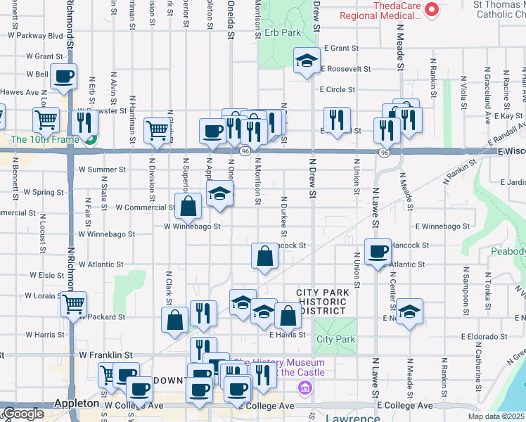map of restaurants, bars, coffee shops, grocery stores, and more near 1016 North Morrison Street in Appleton
