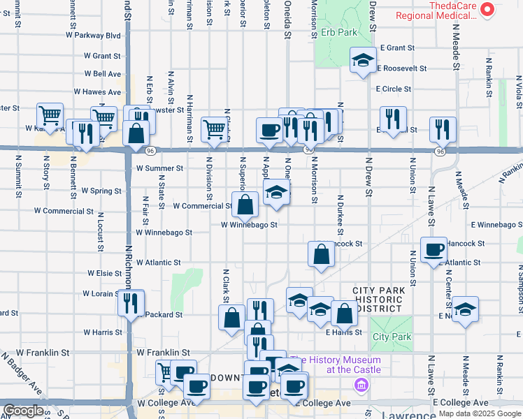 map of restaurants, bars, coffee shops, grocery stores, and more near 1014 North Appleton Street in Appleton