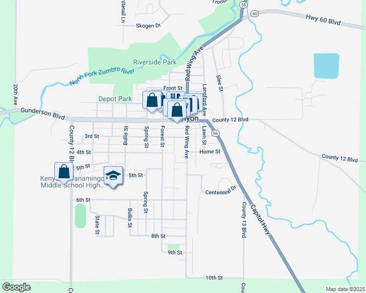 map of restaurants, bars, coffee shops, grocery stores, and more near 227 Red Wing Avenue in Kenyon