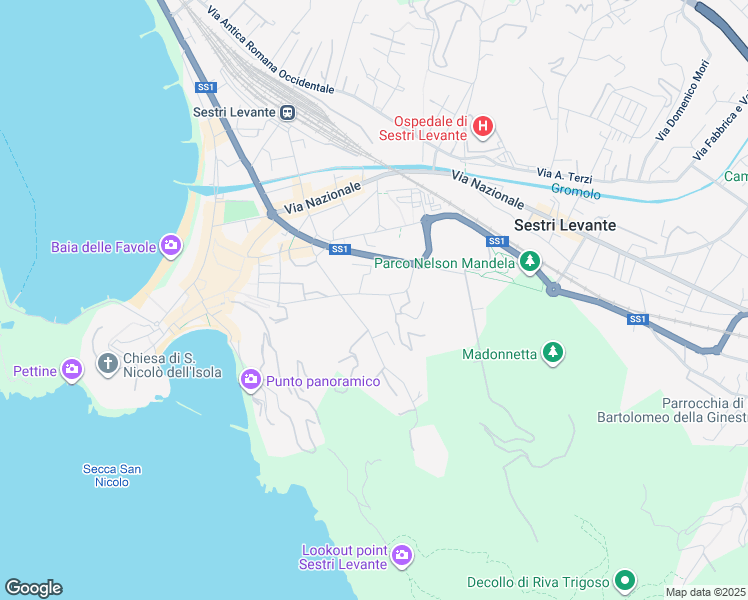 map of restaurants, bars, coffee shops, grocery stores, and more near 102 Via della Chiusa in Sestri Levante