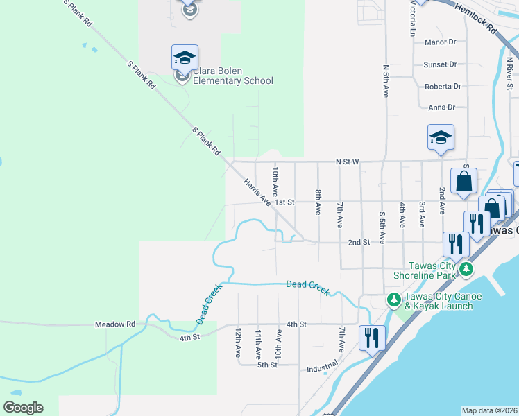 map of restaurants, bars, coffee shops, grocery stores, and more near 1001-1099 Harris Avenue in Tawas City