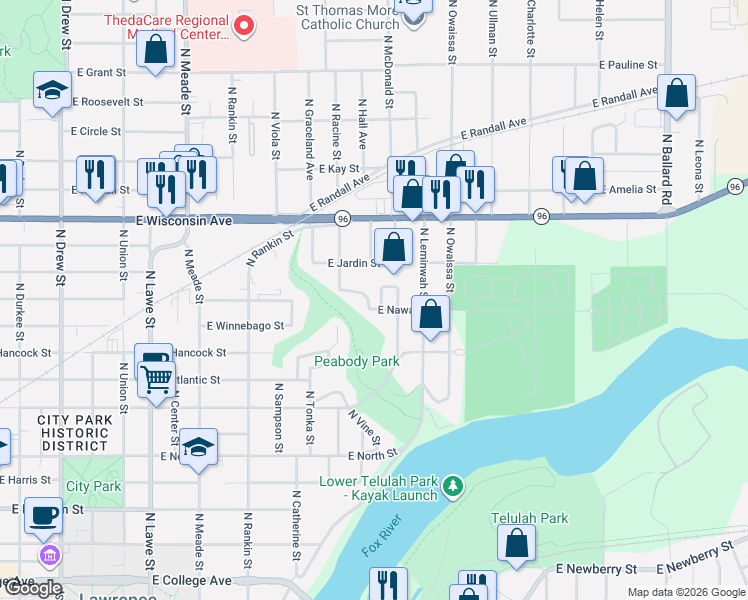 map of restaurants, bars, coffee shops, grocery stores, and more near 22 Winona Court in Appleton