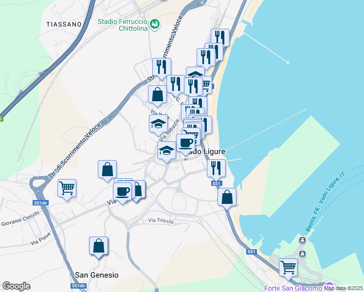 map of restaurants, bars, coffee shops, grocery stores, and more near 39 Via Armando Diaz in Vado Ligure