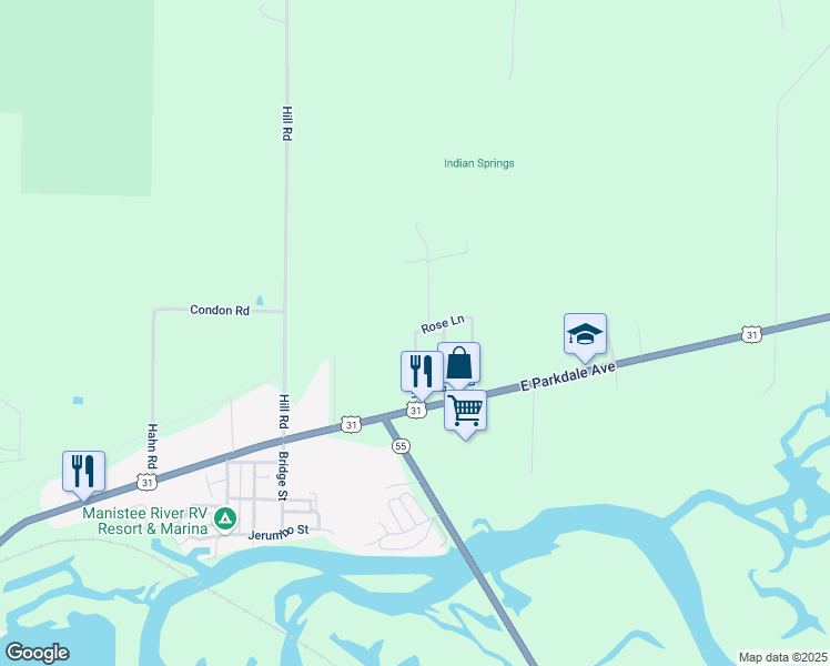 map of restaurants, bars, coffee shops, grocery stores, and more near 258 Rose Lane in Manistee