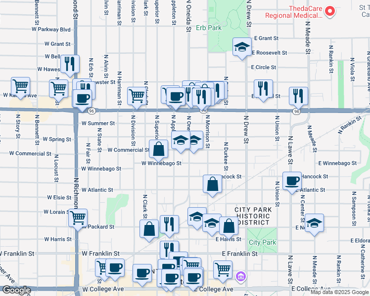 map of restaurants, bars, coffee shops, grocery stores, and more near 1014 North Appleton Street in Appleton