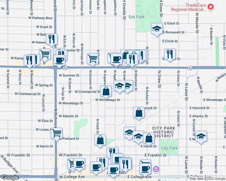 map of restaurants, bars, coffee shops, grocery stores, and more near 1014 North Appleton Street in Appleton