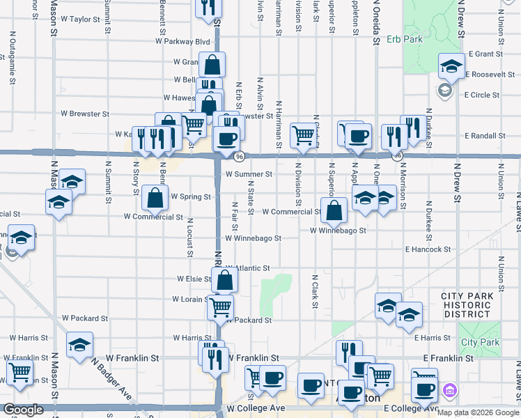 map of restaurants, bars, coffee shops, grocery stores, and more near 519 West Spring Street in Appleton