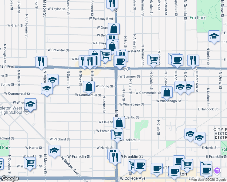 map of restaurants, bars, coffee shops, grocery stores, and more near 703 West Spring Street in Appleton