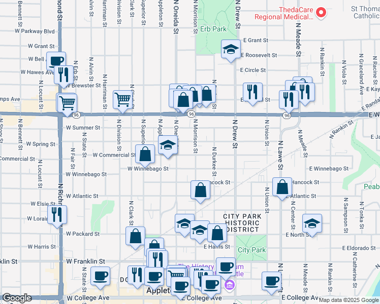 map of restaurants, bars, coffee shops, grocery stores, and more near 126 East Commercial Street in Appleton