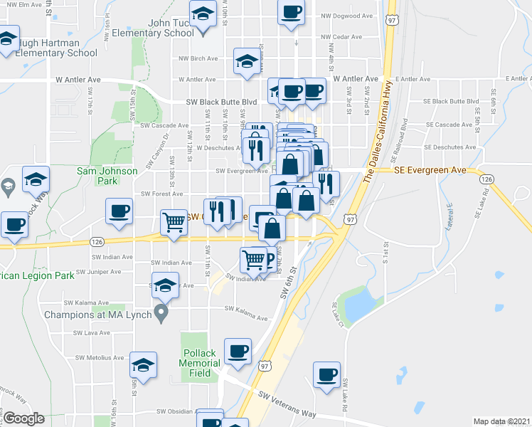 map of restaurants, bars, coffee shops, grocery stores, and more near 626 Southwest 8th Street in Redmond