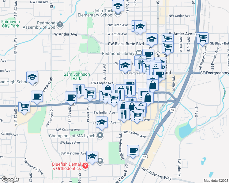 map of restaurants, bars, coffee shops, grocery stores, and more near 640 Southwest 12th Street in Redmond