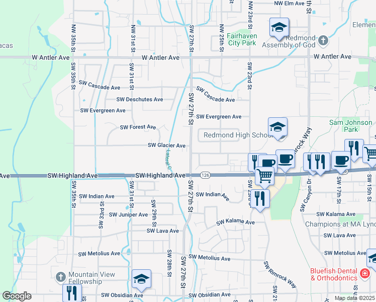 map of restaurants, bars, coffee shops, grocery stores, and more near in Redmond
